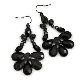 Victorian Style Black Acrylic Bead Chandelier Earrings/Black Tone/ 65mm L