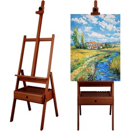 Somime Large Wooden H-Frame Studio Easel, Solid Beechwood Easel Stand with Storage Drawer, Height Adjustable to 34Inches High, Suitable for Painting, Sketching and Displaying, Walnut