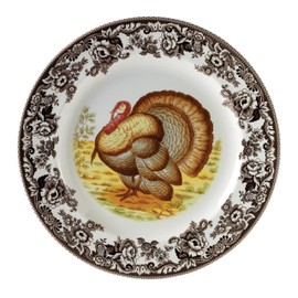 Spode Woodland Turkey Round Platter - 12" Fine Porcelain Serving Tray with British Flowers Border, Rustic Thanksgiving Design - Microwave, Dishwasher, Freezer & Warm Oven Safe - Made in England
