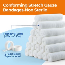 K Kingstar K Kingstar 36 Pack Gauze Roll Bandages, Conforming Stretch Gauze Bandage Non-Sterile, Individually Wrapped 4" x 4.1yds Includes Medical Tape, Premium First Aid Supplies and Wound Dressings
