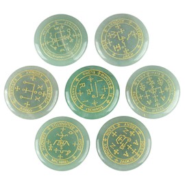 KYEYGWO 7 Piece Green Aventurine Round Healing Crystal Set with Engraved Magic Archangel Symbols, Stone Chakra Plamstone Reiki Healing Stone Pocket Stones Desktop Ornament for Divination