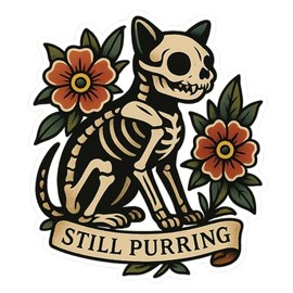 Cat Skeleton with Flowers Neo-Traditional Tattoo Sticker (2.75" x 3.25")