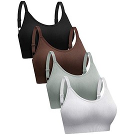 SATINIOR 4 Pack Women's Sports Bra, Padded Ribbed Cami Bra Seamless Bralette Wireless No Underwire Workout Tank Top (Large)