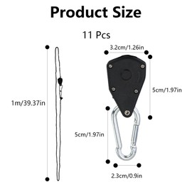 Pack of 11 Ratchet Hanger, Duty Heavy Rope Ratchet with Hooks, Adjustable Rope Hooks, Ratchet Rope Ratchet 2 Metres, 1/8 Inch for Plants, Fans & Lamps