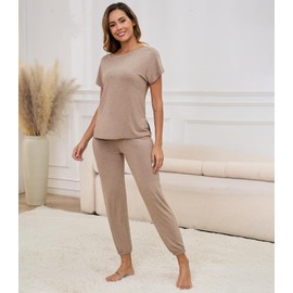 WiWi Womens Pajama Sets Short Sleeve Sleepwear Top and Jogger Pants Pjs 2 Piece Lounge Sets Viscose from Bamboo S-XXL, Camel, XX-Large
