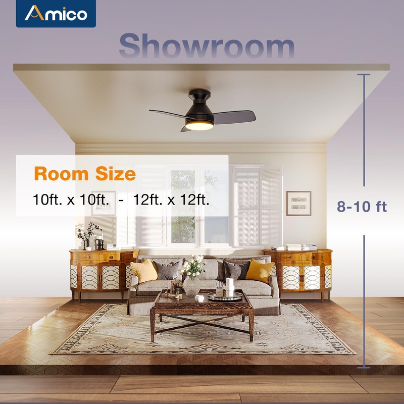 Amico Ceiling Fans with Lights, 30 inch Low Profile Ceiling