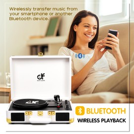 Record Player with Built-in 2 Speakers Vintage 3-Speed Portable Bluetooth Suitcase Vinyl Record Player with USB Recording MP3 Converter RCA/AUX/Headphone Jack Retro Turntable White