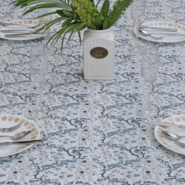 Ridhi Spruce Carolina Blue Hand Block Print Decorative Tablecloth Washable Square Tablecloths for Gifts, Dining, Home, Wedding, Banquet, Buffet, Faience - Spring/Summer