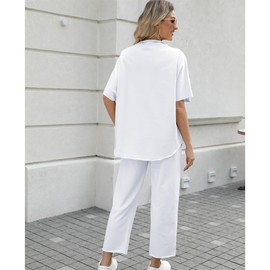 SeeLuNa Women's Two Piece Outfits 3/4 Batwing Sleeve Capelet Crew Neck Pullover Top Wide Leg Pants Lounge Set(White,M)