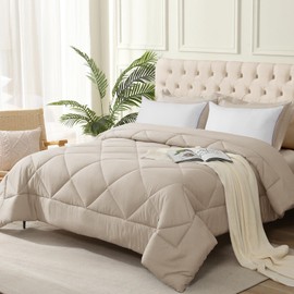 JOLLYVOGUE Queen Comforter Set with 2 Pillows, 5 Pieces Ultra-Soft Bedding Comforter Sets for All Season, Luxury Bed in a Bag Queen with Comforter, Pillow Shams and 2 Queen Pillows, Beige, Queen