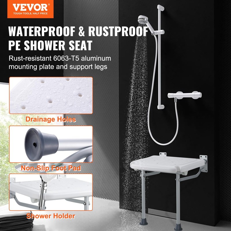 VEVOR Folding PE Shower Seat, 15.7'' x 14.8'' Unfolded, Wall
