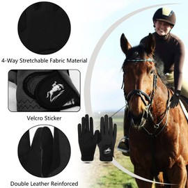 FINGER TEN Women's Horse Riding Gloves Stretchable Equestrian Horseback Youth Girls Anti Slip Breathable Lightweight Perfect for Biking Cycling (Black, S)