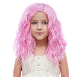 Edivd Light Pink Wig for Kids Girls Short Wavy Curly Pink Wig Children Light Pink Wig Side Part Wig Heat Resistant Synthetic Wig with Wig Cap