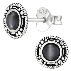 EYS JEWELRY Earrings 925 Silver Women's Round Stud Earrings Oxidised 7 mm Vintage Jewellery Gifts for Women in Jewellery Case, Sterling Silver, Cats Eye