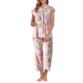 Famulily Womens Pyjamas Set Cute Print V Neck Loungewear Tops and Capri Sleep Lounge Pants Pink M