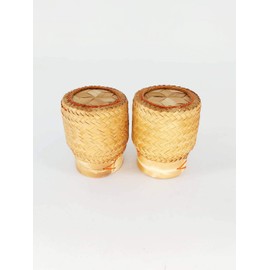 2 Sets of Mini Basket Size 8x8x11 cm. Handwoven Handmade Sticky Rice Serving Basket from Natural Bamboo