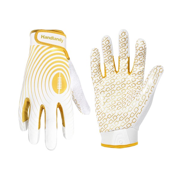 HANDLANDY Youth Football Gloves, Sticky Wide Receiver Gloves for Kids & Adult, White and Gold Stretch Fit Football Gloves (Medium)