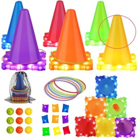 3-in-1 Carnival Games for Kids with LED Lights, 37 Pcs Outdoor Toys for Toddlers - Ring Toss Game, Bean Bag Toss Game, Soft Plastic Cones, Yard Lawn Game for Family Party