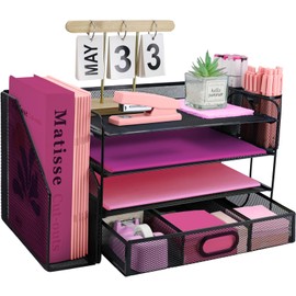 ideallife Desk Organizers and Accessories with File Holder, 4-Tier Paper Letter Tray Organiser with Drawer and 2 Pen Holder, Mesh Desktop Document Organizer for Office Supplies, Workspace - Black