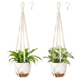 Mkono 7.5 Inch Hanging Planters, Macrame Plant Hangers with Self Watering Plant Pots Indoor Set of 2 Hanging Baskets Flower Pot Holders with Hooks No Tassels for Boho Home Decor, Ivory