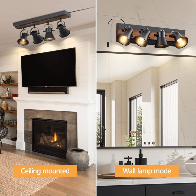 SEEBLEN 4-Light Plug-in Track Lighting, Adjustable Ceiling Spotlight,Industrial Black Kitchen