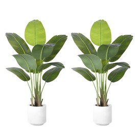 Artificial Bird of Paradise Plant 4Ft Tall Fake Tropical Palm Tree Large Fake Plants with 9 Silk Banana Leaves Faux Plant Indoor Decor Trees with White Pot for Home Bedroom Living Room Office（2pcs）