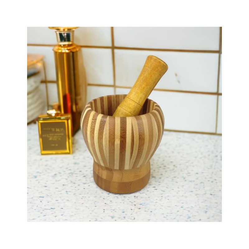 Wooden Mortar with Pestle Wide Stripes