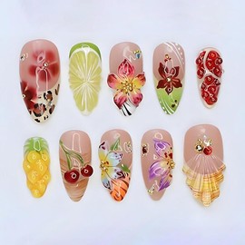 Mkwntg 30Pcs Colorful Flower Press on Nails Medium Almond Fake Nails with 3D Gold Beads Rhinestones Design Ombre French Tip Full Cover False Nail Summer Fruit Strawberry Lemon Glue on Nail for Women