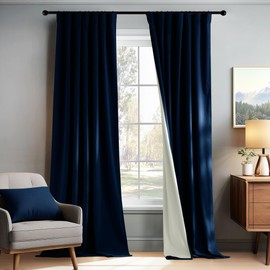PONY DANCE Navy Blue Velvet 100% Blackout Curtains for Bedroom 84 inches Long, Thermal Insulated Window Drapes for Living Room, Back Tab Hook Belt Luxury Light Blocking Curtain(2 Panels, W52 x L84)