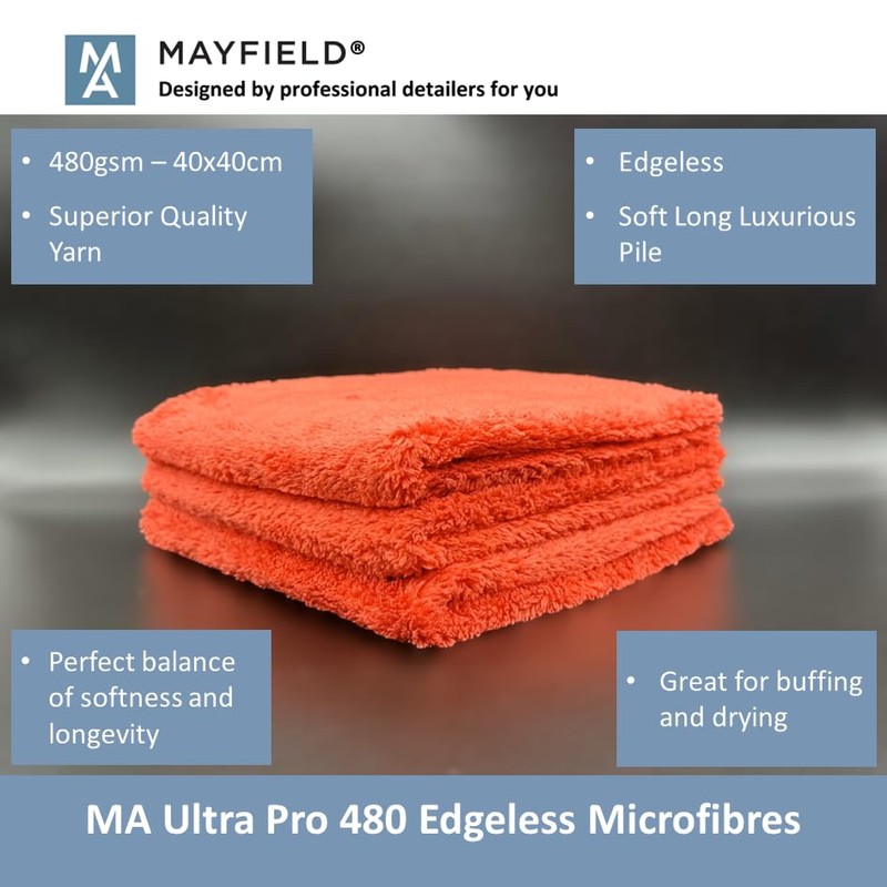 Edgeless Microfibre Cloths x 3-480gsm, 40cm x 40cm, Car Cleaning,