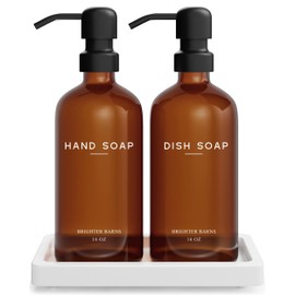 Amber Glass Kitchen Soap Dispenser Set with Tray by Brighter Barns - Hand and Dish Soap Dispenser for Kitchen, Home, Airbnb, Vacation Rental or Restaurant - Modern Kitchen Decor & Accessories (Amber)