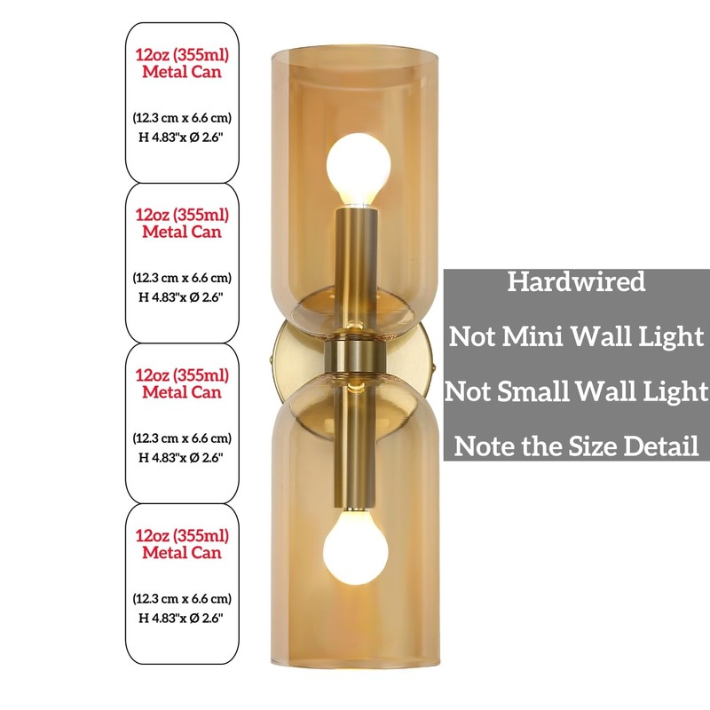 EFINEHOME Minimalist 2-Light Gold Wall Sconces with Cylinder Glass Shades-