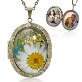 Photo Locket Necklace for women, Handmade，Pressed Flower,Vintage Oval picture pendant necklace,With Tools For Cropping and Pasting Photos (oval Mauranthemum paludosum)