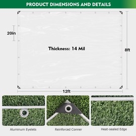 Dulepax Clear Tarp Heavy Duty with Grommets 8x12 FT Waterproof PVC Tarpaulin 14 Mil for Patio Enclosure, Greenhouse Cover, Porch Roof