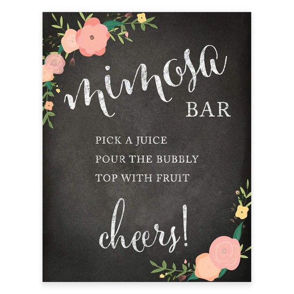 Andaz Press Wedding Party Signs, Chalkboard Pink Coral Floral Roses Print, 8.5x11-inch, Build Your Own Mimosa Sign Pick a Juice, Pour the Champagne Cheers! Dessert Table Sign, 1-Pack
