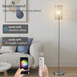 EMORLO Crystal Floor Lamp with Remote Control, Smart Modern Silver Floor Lamps for Bedroom, Living Room, Crystal Standing Lamp Silver Home Décor, LED Bulb Included