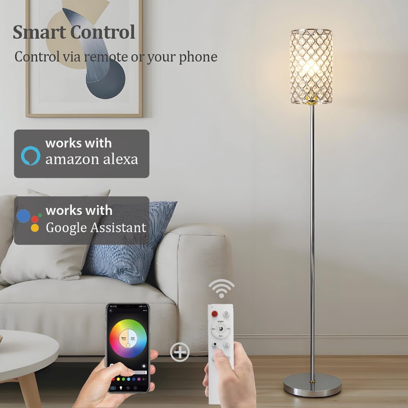 EMORLO Crystal Floor Lamp with Remote Control, Smart Modern Silver