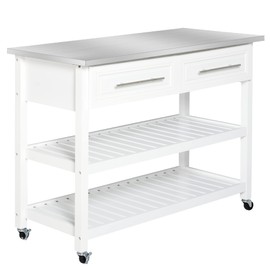 HOMCOM Kitchen Island with Stainless Steel Top, Traditional Kitchen Island with Storage, Butcher Block Cart 2-Tier Open Shelves, Drawers, White