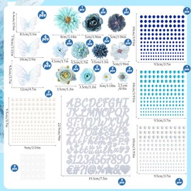 Graduation Cap Decorations Kit, Artificial Flowers Graduation Cap Decorations 3D Butterfly Decorations Glitter Rhinestones Alphabet Letter Number Stickers for DIY 2025 Graduation Cap, Blue