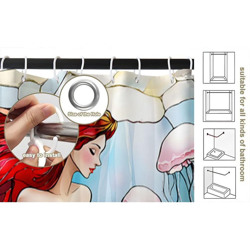 FAXTOZ Nautical Mermaid Shower Curtain Stained Glass Underwater Ocean Coastal