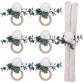 White Flower Napkin Rings Set of 6 - Rose Napkins Rings with Eucalyptus for Wedding Table Decor, Greenery Floral Napkin Ring for Dinner Party Banquet