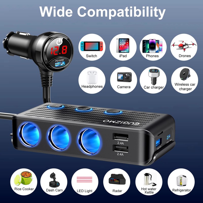EUGIZMO Cigarette Lighter Adapter, 222W 3 Socket Car Cigarette Lighter