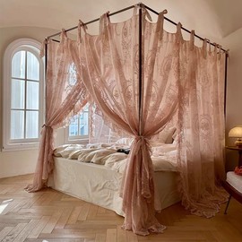 SCMTYWCQ Elegant Lace Princess 4 Corner Post Mosquito Net Romantic for Girls Women Bed Curtain Canopy for Adults Wedding Bedroom Kids Rooms Decoration (Jade-2, Queen)