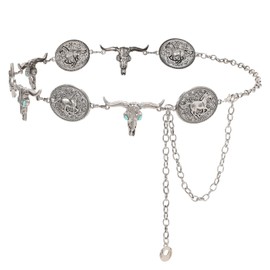 WHIPPY Western Metal Concho Belt for Women Vintage Cowgirl Boho Turquoise Chain Belts for Dresses Jeans,Silver,S