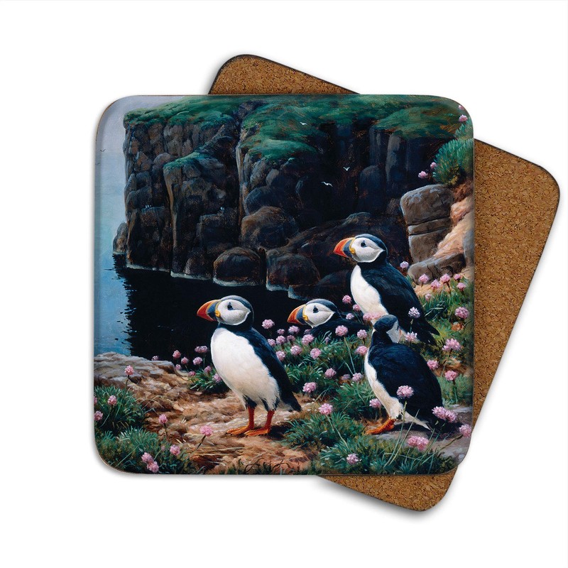 Puffins Cliff Edge Drinks Coasters by Wildlife Artist Julian Friers