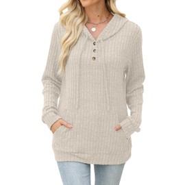 JomeDesign Long Sleeve Shirts for Women 2025 Ribbed Knit Hoodie Casual Tunic Tops to Wear with Leggings Dressy Fall Clothes Apricot S