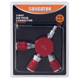SUNGATOR 3 Way Air Hose Splitter, 1/4 Inch Air Hose Fitting, 1/4'' Quick Connect Manifold Fitting with 2 M-Style Couplers & 1 Industrial Air Plug, Air Hose Splitter in Red
