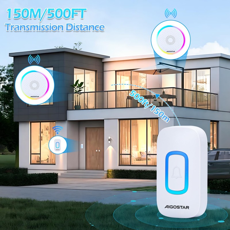 Aigostar Wireless Bell with RGB Light, IP55 Waterproof Outdoor Door