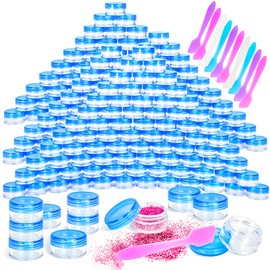 MotBach 100 Pcs 5g Empty Plastic Containers with Blue Lids,Mini Makeup Sample Containers, Small Sample Pot Jars Round Cosmetic Jars with Mini Spatulas for Liquid Sample Powder Creams Lotions