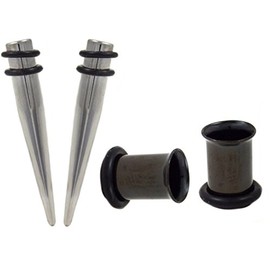 1 Gauge(1G-7mm) 4 Piece Ear Stretching Kit Steel Tapers and Black Single Flared Tunnel Plugs